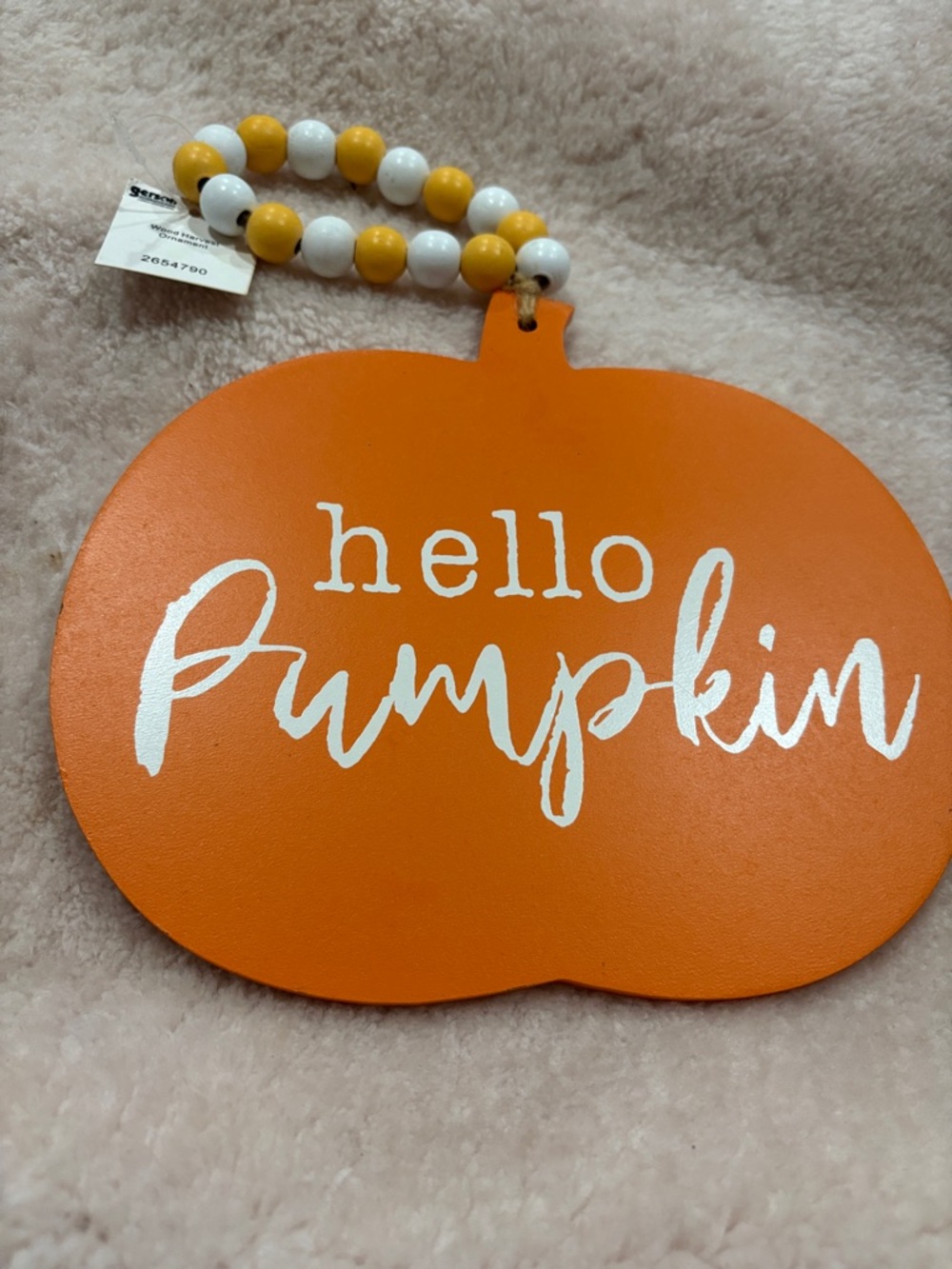 Hello Pumpkin Orange Wooden Hanging Sign with Beaded Hanger